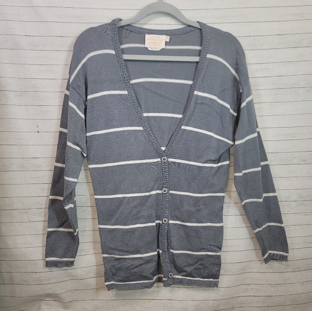 COUNTRY SOPHISTICATES BY PENDELTON GRAY STRIPED BUTTON CARDIGAN, SZ SMALL